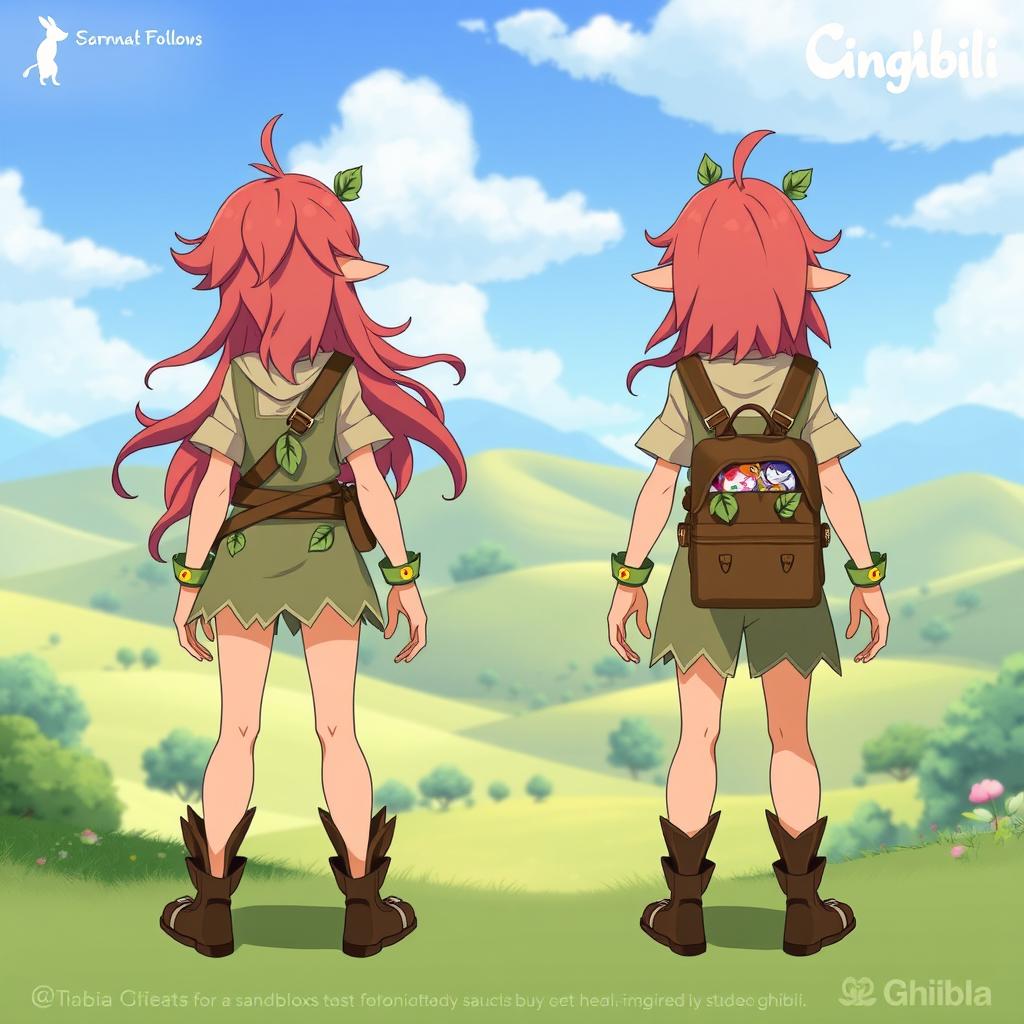 A character design for a sandbox video game inspired by Studio Ghibli, showcasing both rear and front views