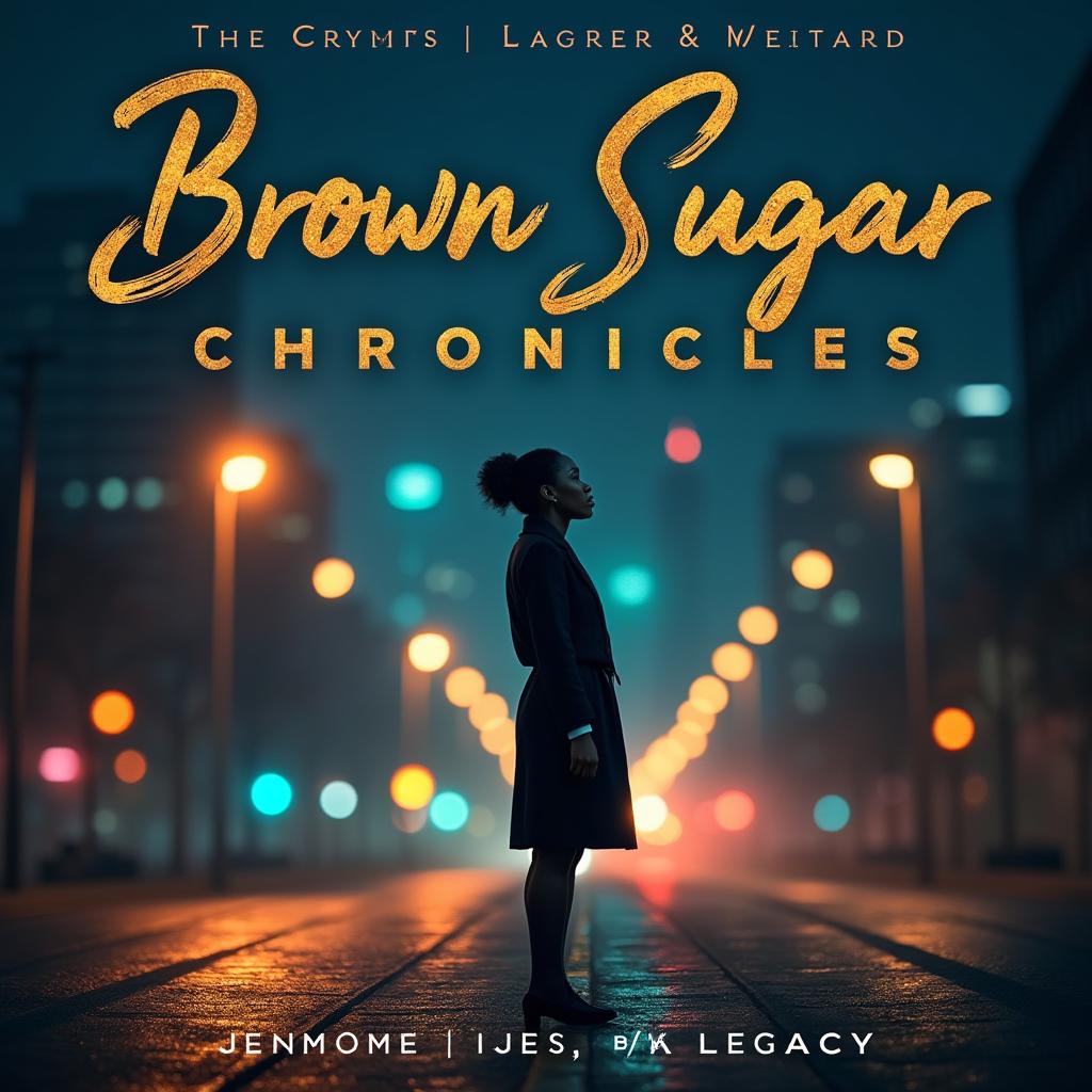 An emotional, modern book cover for "Brown Sugar Chronicles Season 1: Love, Lies & Legacy" featuring a Black woman standing alone in a city street at night