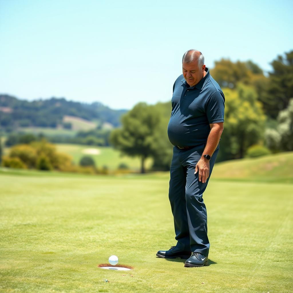 A 48-year-old man with a normal build, short dark hair, and a round shaved face is captured in the moment of putting a golf ball into a hole on a beautifully manicured green
