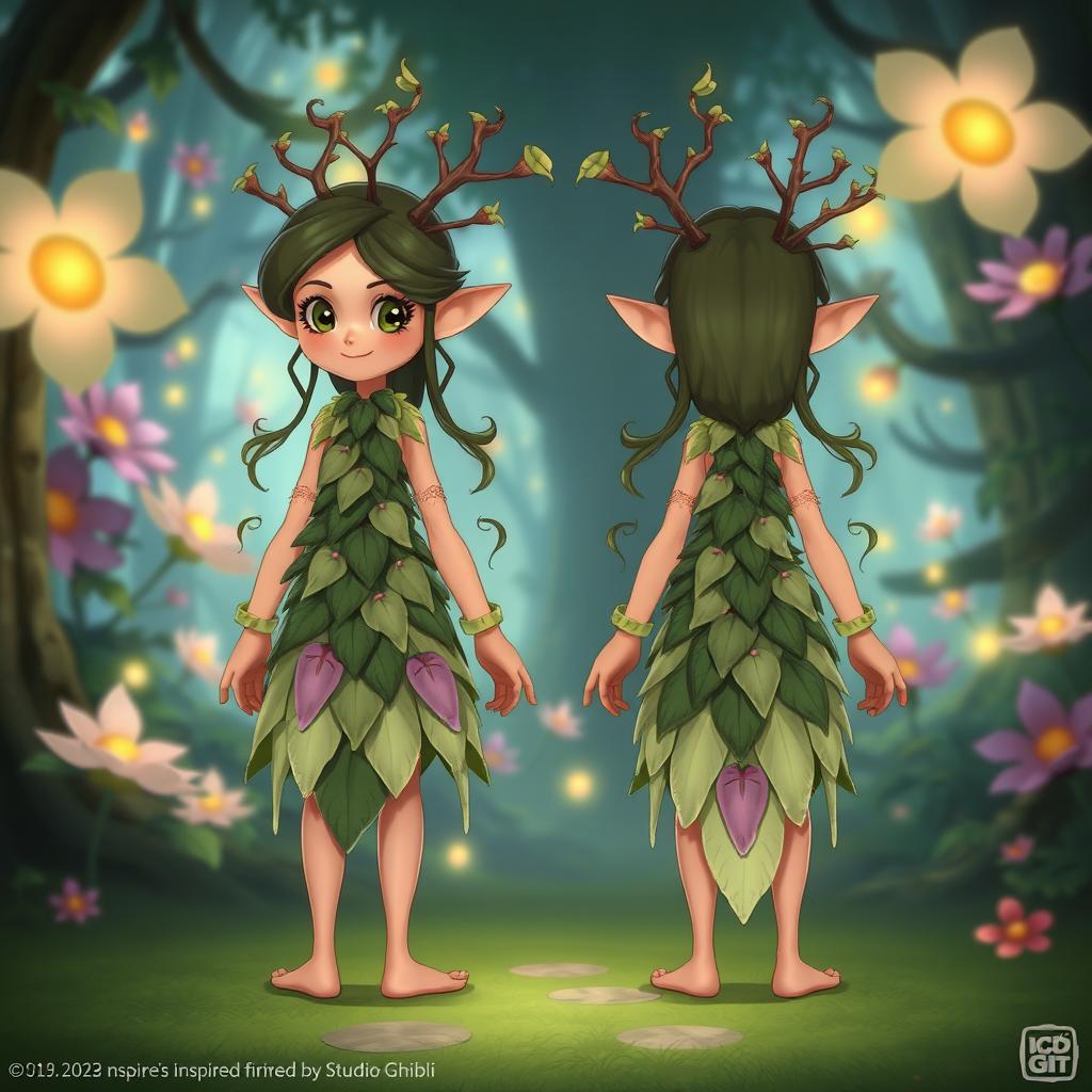 Character design for a video game, inspired by Studio Ghibli aesthetics, showcasing both a rear and front view