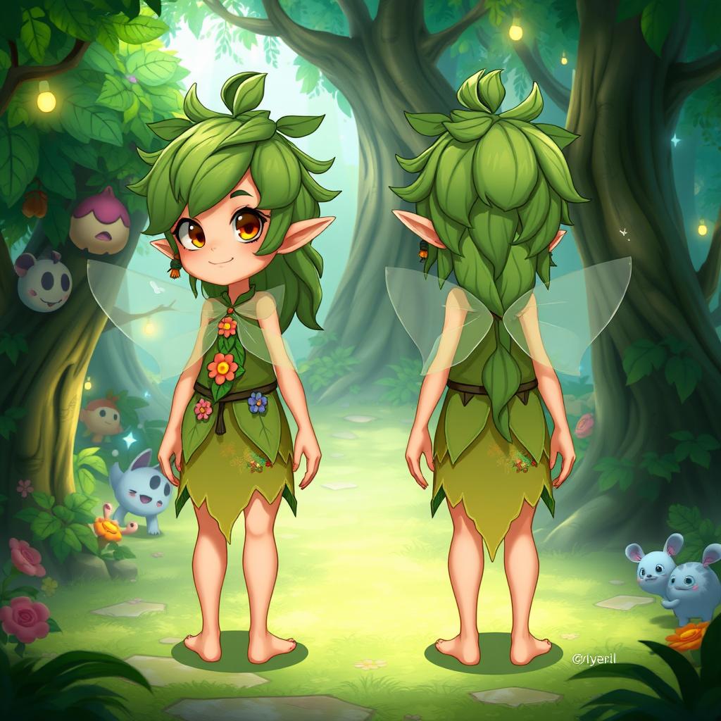 A unique character design for a sandbox video game inspired by Studio Ghibli, showcasing both the back view and the front view