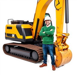 A golden and black tracked backhoe excavator, with an operator wearing a white helmet and a green sweater, standing next to the machine with arms crossed and smiling brightly