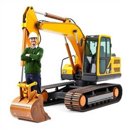 A golden and black tracked backhoe excavator, with an operator wearing a white helmet and a green sweater, standing next to the machine with arms crossed and smiling brightly