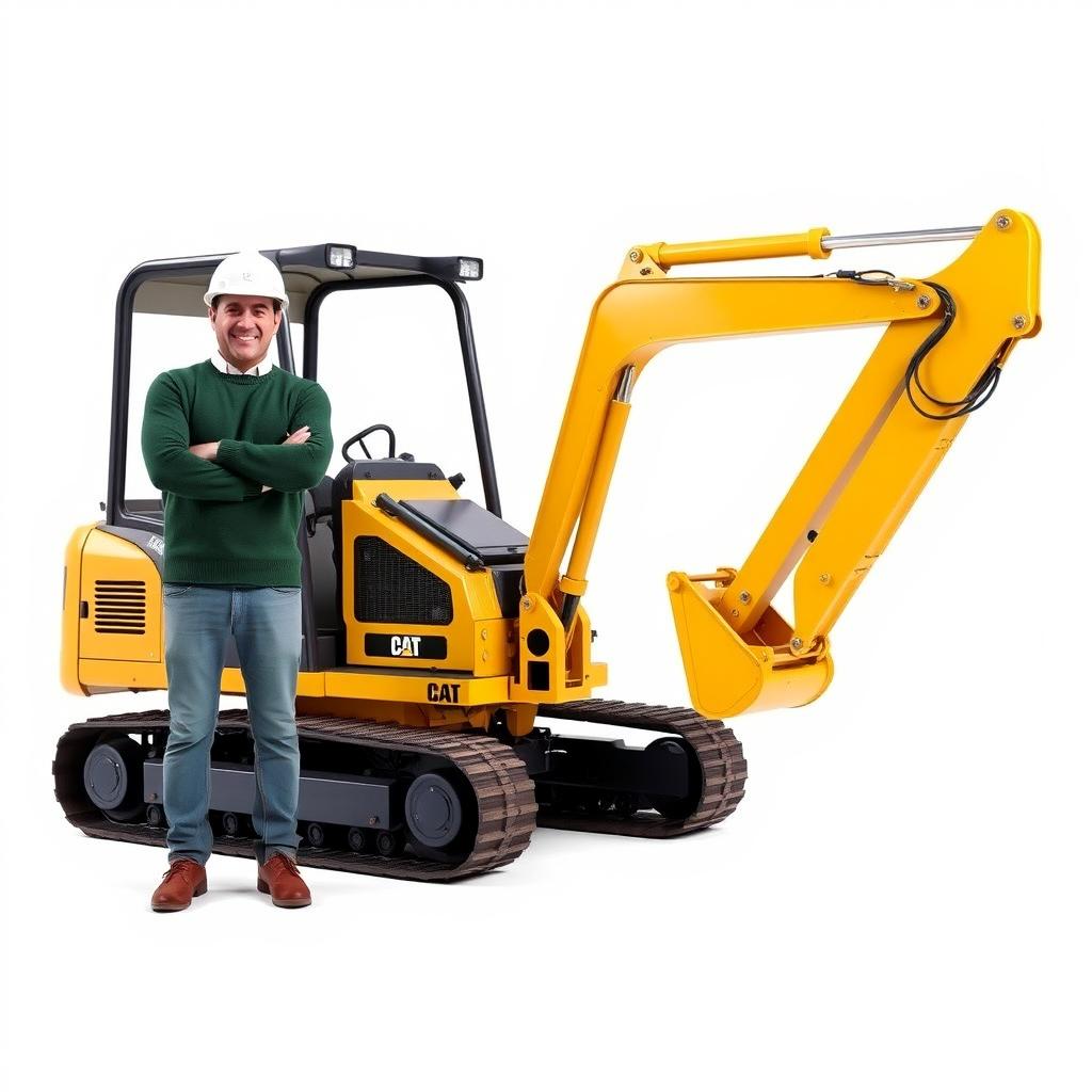 A golden and black tracked backhoe excavator, with an operator wearing a white helmet and a green sweater, standing next to the machine with arms crossed and smiling brightly