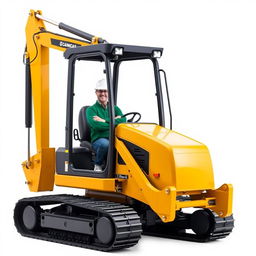 A golden and black tracked backhoe excavator, with an operator wearing a white helmet and a green sweater, standing next to the machine with arms crossed and smiling brightly