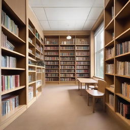 A minimalist school library featuring neatly organized bookshelves full of books, plain comfortable seating, a single large desk for the librarian, and a quiet atmosphere.