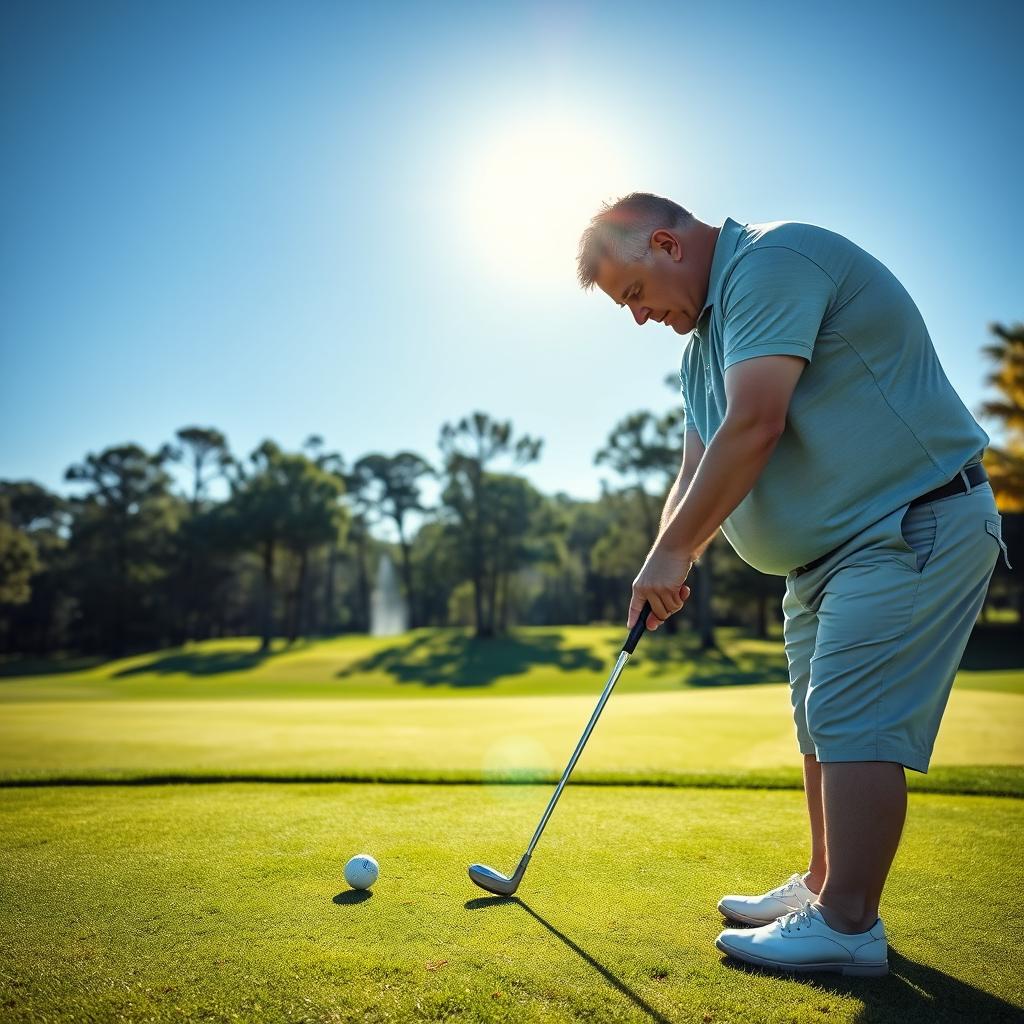 A 48-year-old man with a normal figure, short dark hair, and a round shaved face, is concentrating while playing golf