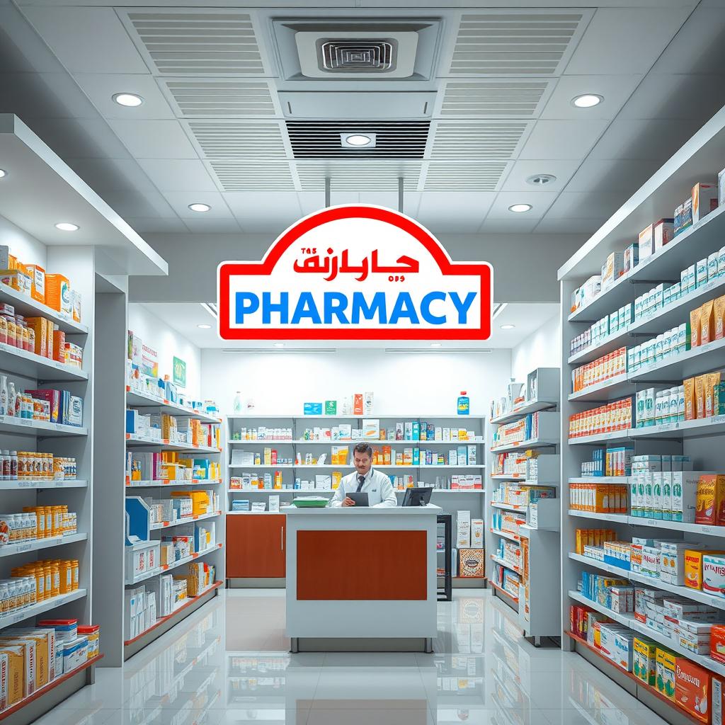 A modern community pharmacy setting, showcasing a clean and well-organized interior filled with neatly stacked shelves of medicinal products and health-related items
