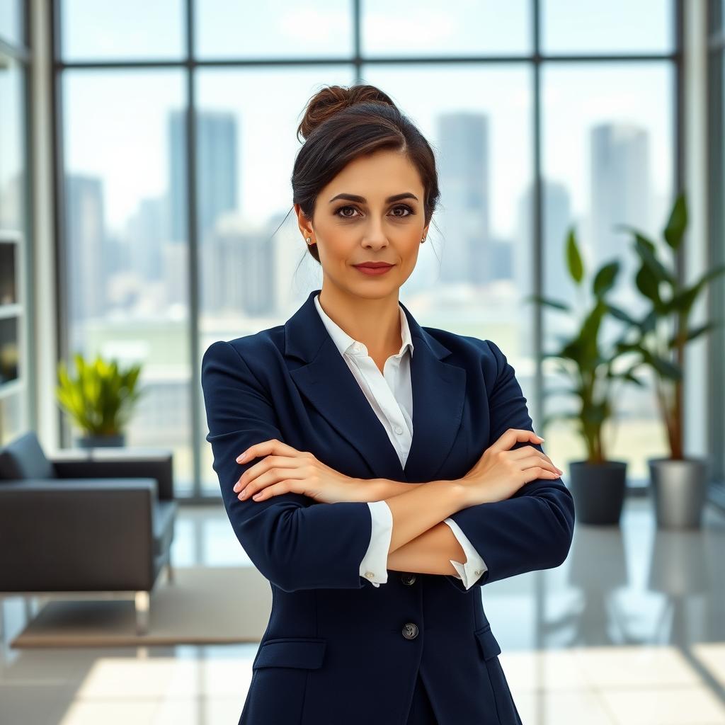 An official portrait of a confident businesswoman standing in a modern office environment