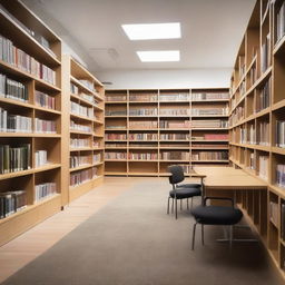 A minimalist school library featuring neatly organized bookshelves full of books, plain comfortable seating, a single large desk for the librarian, and a quiet atmosphere.