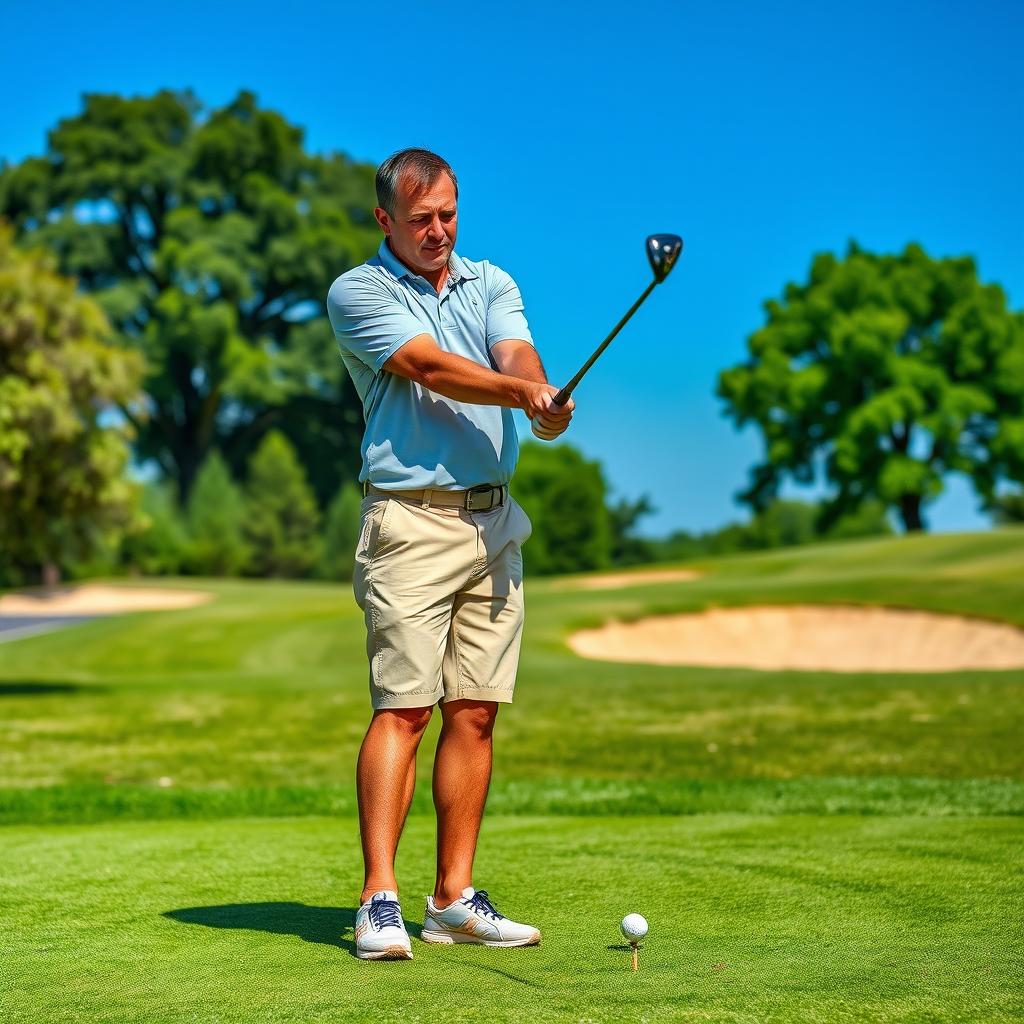 A 47-year-old man with a normal build, short dark hair, and a round shaved face, standing on a vibrant green golf course