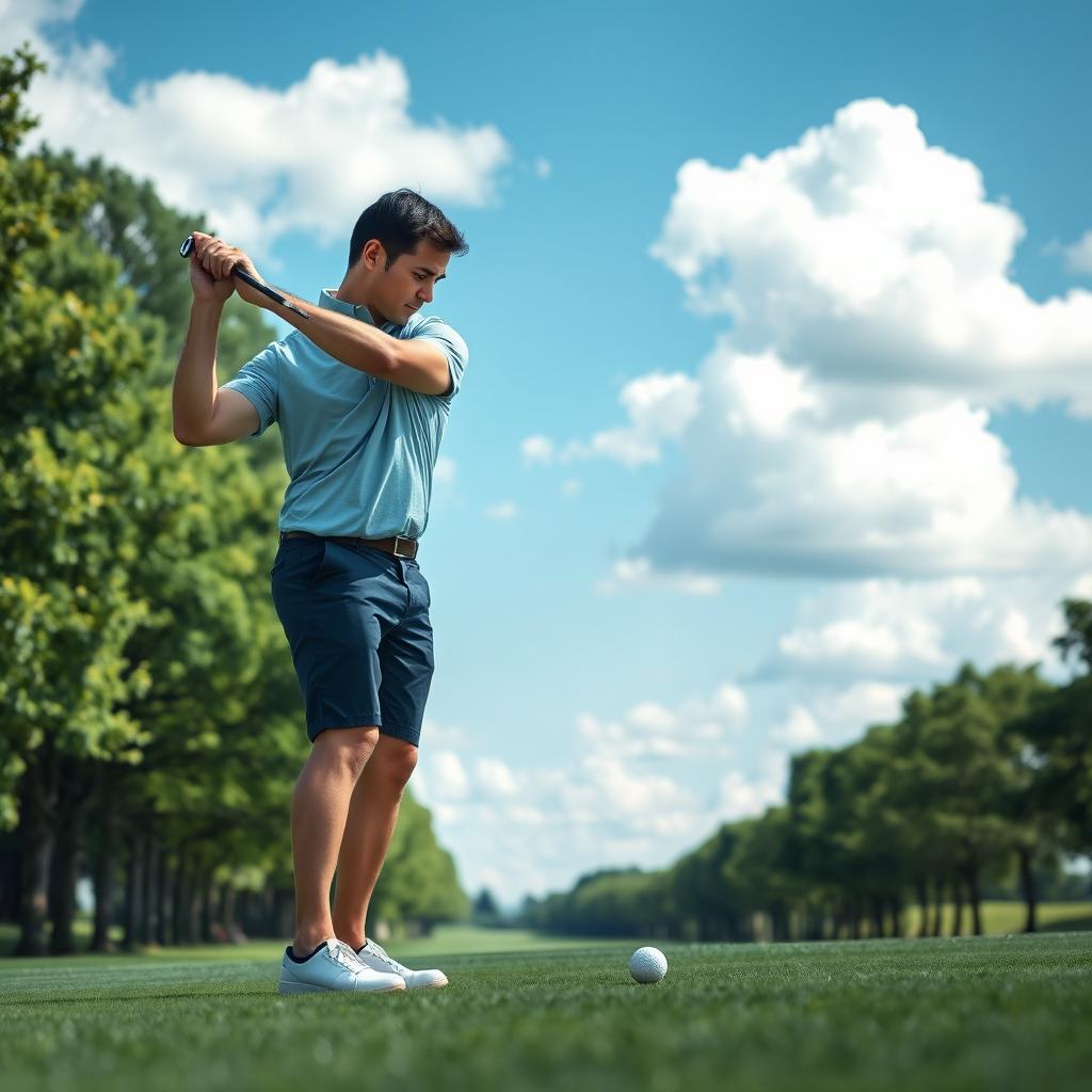 A 47-year-old man with a normal figure, short dark hair, and a round shaved face, expertly playing golf on a lush green golf course
