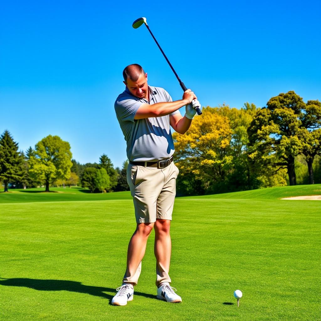 A 47-year-old man with a normal figure, sporting short dark hair and a round shaved face, expertly playing golf on a lush green course