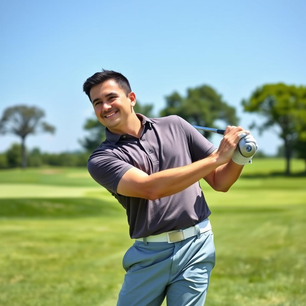 A 47-year-old man with a normal figure, short dark hair, and a round shaved face is enjoying a game of golf