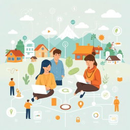 A modern illustration depicting collaboration among various stakeholders in the digitalization of village tourism