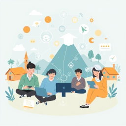 A modern illustration depicting collaboration among various stakeholders in the digitalization of village tourism