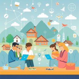 A modern illustration depicting collaboration among various stakeholders in the digitalization of village tourism