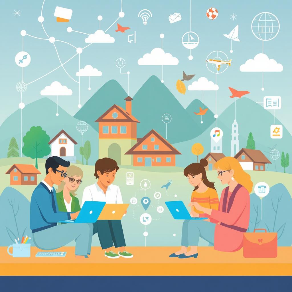 A modern illustration depicting collaboration among various stakeholders in the digitalization of village tourism