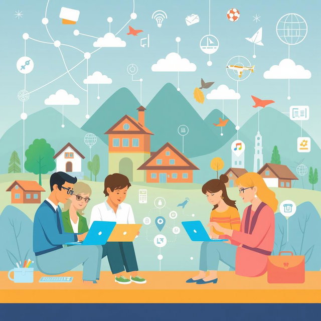A modern illustration depicting collaboration among various stakeholders in the digitalization of village tourism