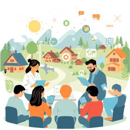 A modern illustration depicting collaboration among various stakeholders in the digitalization of village tourism