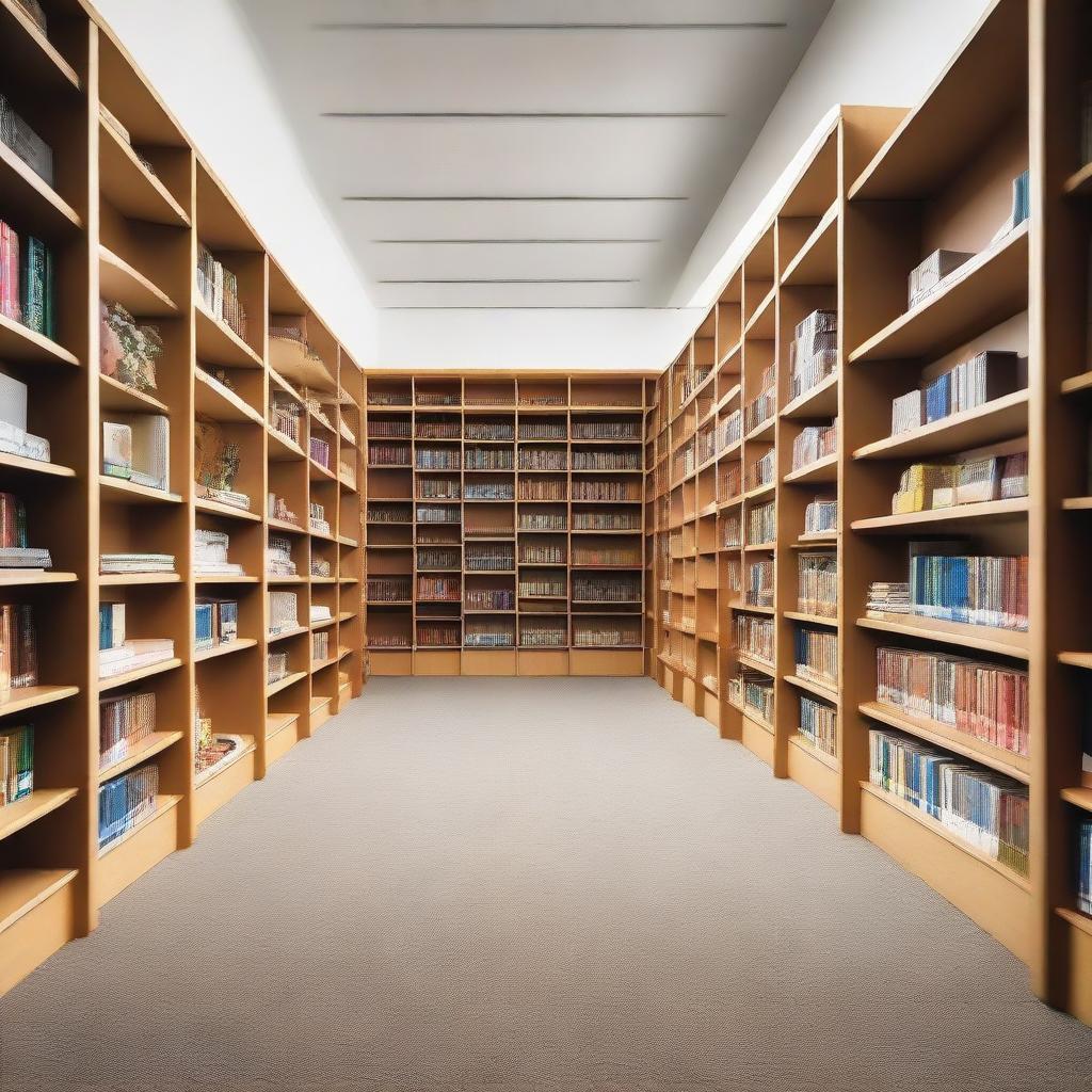 A minimalist school library featuring neatly organized bookshelves full of books, plain comfortable seating, a single large desk for the librarian, and a quiet atmosphere.