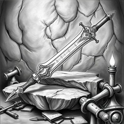 A detailed black and white drawing of a beautifully designed magical dwarven longsword displayed prominently against a rich, textured background