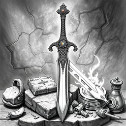 A detailed black and white drawing of a beautifully designed magical dwarven longsword displayed prominently against a rich, textured background