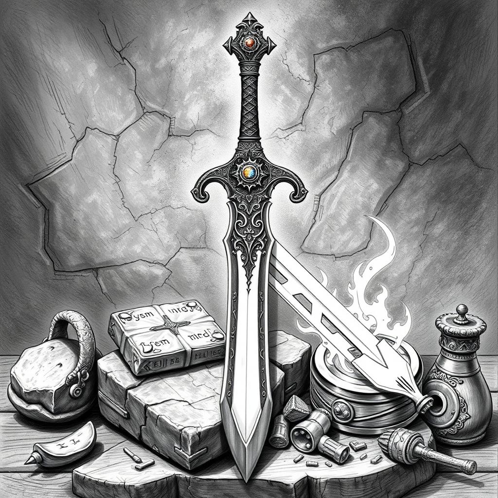 A detailed black and white drawing of a beautifully designed magical dwarven longsword displayed prominently against a rich, textured background