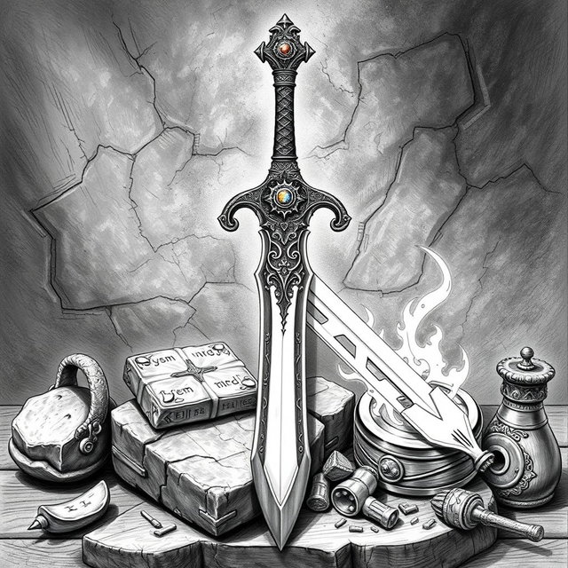 A detailed black and white drawing of a beautifully designed magical dwarven longsword displayed prominently against a rich, textured background