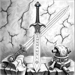 A detailed black and white drawing of a beautifully designed magical dwarven longsword displayed prominently against a rich, textured background