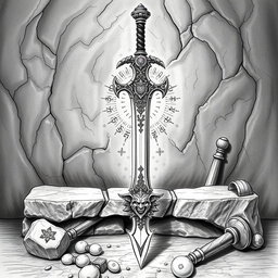 A detailed black and white drawing of a beautifully designed magical dwarven longsword displayed prominently against a rich, textured background