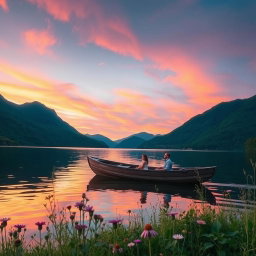 A serene landscape at sunset featuring a tranquil lake surrounded by lush, green mountains