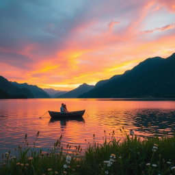 A serene landscape at sunset featuring a tranquil lake surrounded by lush, green mountains