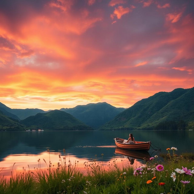 A serene landscape at sunset featuring a tranquil lake surrounded by lush, green mountains