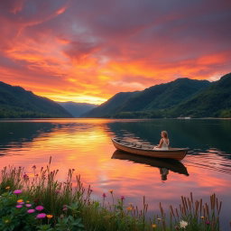 A serene landscape at sunset featuring a tranquil lake surrounded by lush, green mountains
