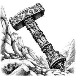 A striking black and white drawing of a mythical two-handed dwarven battlehammer, showcasing intricate and fantastical designs