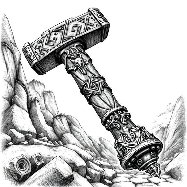 A striking black and white drawing of a mythical two-handed dwarven battlehammer, showcasing intricate and fantastical designs
