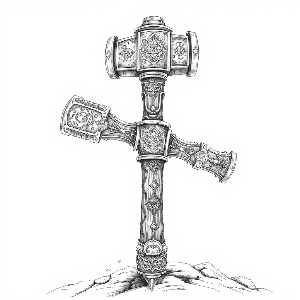 A striking black and white drawing of a mythical two-handed dwarven battlehammer, showcasing intricate and fantastical designs