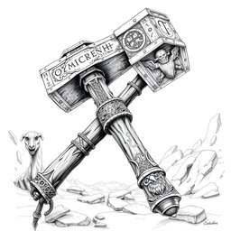 A striking black and white drawing of a mythical two-handed dwarven battlehammer, showcasing intricate and fantastical designs