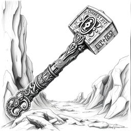 A striking black and white drawing of a mythical two-handed dwarven battlehammer, showcasing intricate and fantastical designs