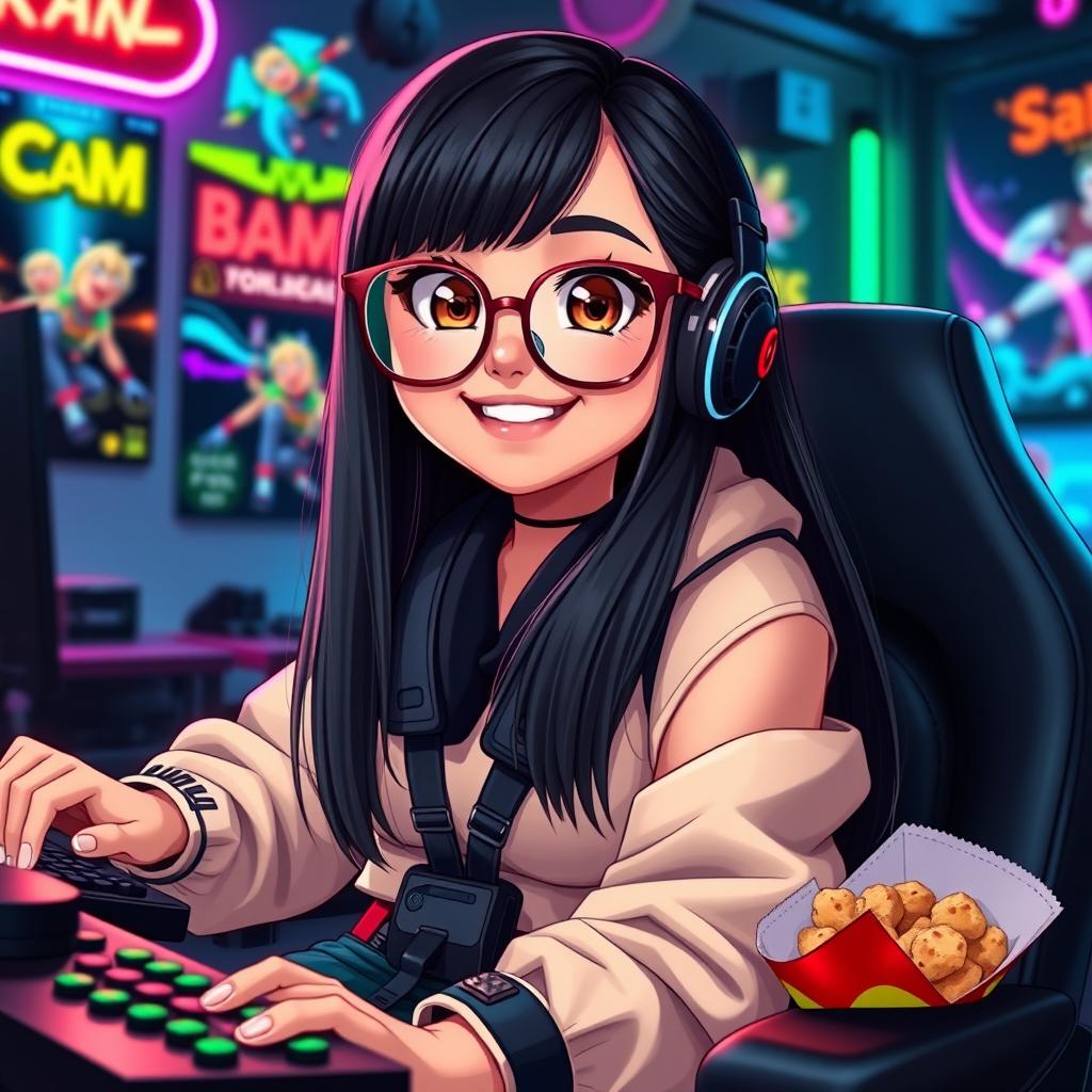 A vibrant gamer girl with straight long black hair styled elegantly, her brown eyes shining with enthusiasm behind stylish glasses