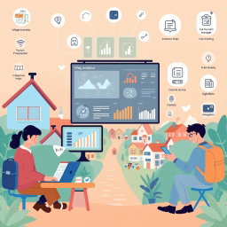 A dynamic illustration depicting various key activities in the digitalization of village tourism