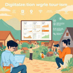 A dynamic illustration depicting various key activities in the digitalization of village tourism