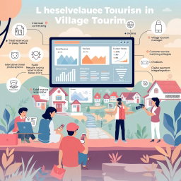 A dynamic illustration depicting various key activities in the digitalization of village tourism