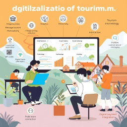 A dynamic illustration depicting various key activities in the digitalization of village tourism