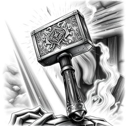 A captivating black and white drawing of a dwarven magical two-handed battlehammer, radiating an aura of power and enchantment