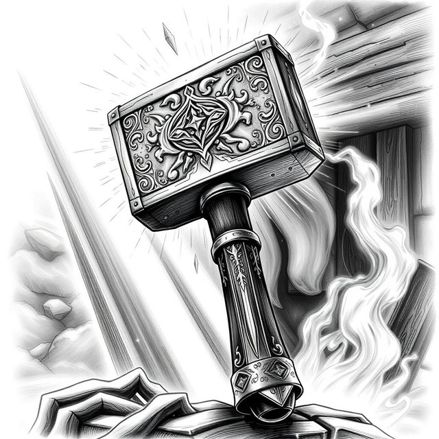 A captivating black and white drawing of a dwarven magical two-handed battlehammer, radiating an aura of power and enchantment