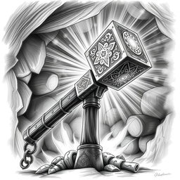 A captivating black and white drawing of a dwarven magical two-handed battlehammer, radiating an aura of power and enchantment