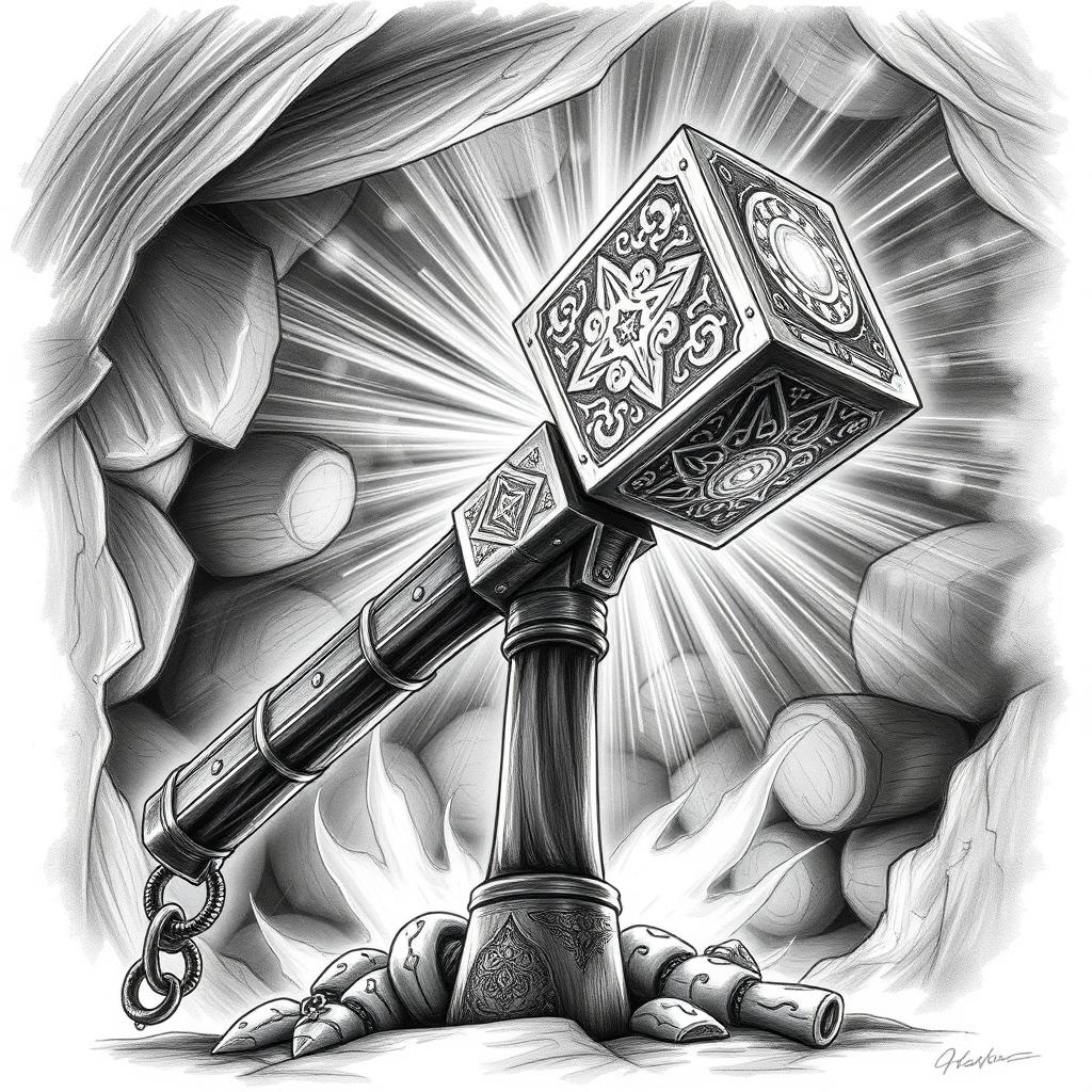 A captivating black and white drawing of a dwarven magical two-handed battlehammer, radiating an aura of power and enchantment