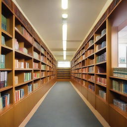 Depict a straightforward, clean-lined school library containing orderly & well-kept bookshelves and practical furniture for reading & studying, in a subdued, tranquil environment.